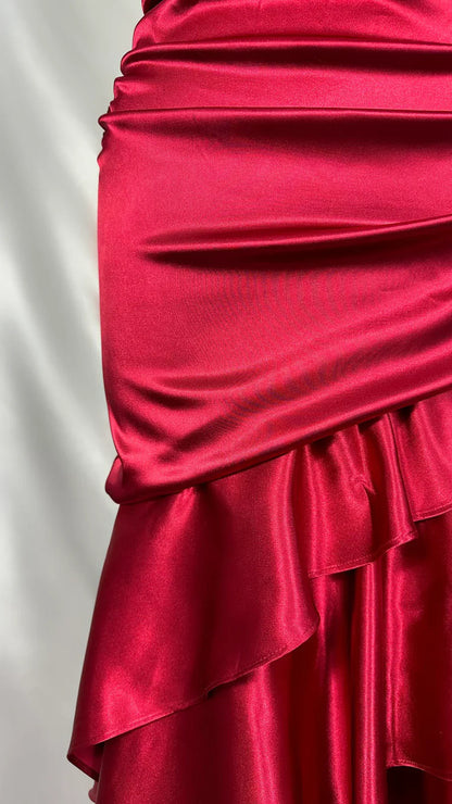 Stunning Red Satin Halter Neck Irregular Birthday Dress Homecoming Dress cc3949