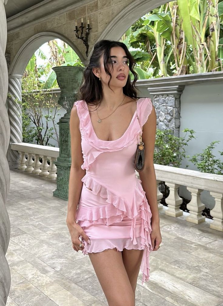 Elegant Ruffled Pink Two-piece Chiffon 17th Birthday Homecoming Dress cc3981