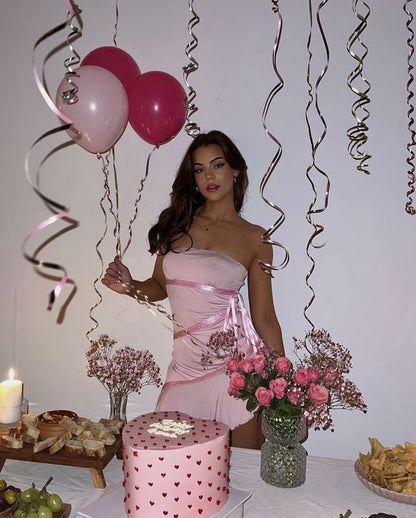 Sweet Pink Tube Top Irregular Birthday Skirt Homecoming Dress cc3984