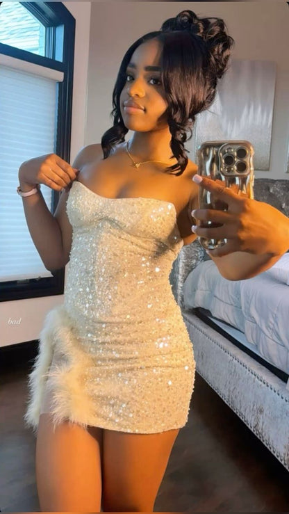 Cute Tube Top White Sequined Slim Fit Hip 16th Birthday Homecoming Dress cc3990