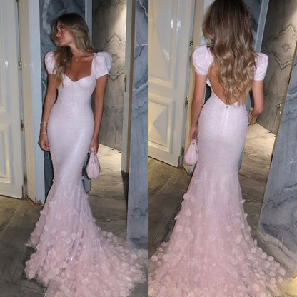 Sweet Princess Light Pink Mermaid Puff Sleeve 3D Floral Tulle Train Prom Dress Evening Dress cc5119