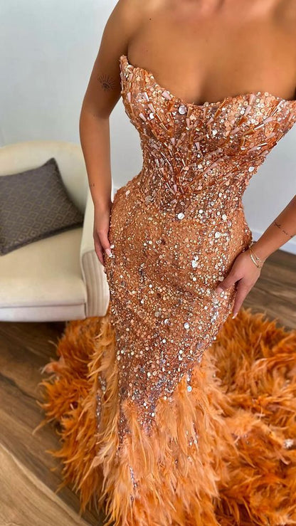 Vintage Orange Mermaid Sweetheart Neckline Feather Sequin Beaded Train Prom Dress Evening Dress cc5121