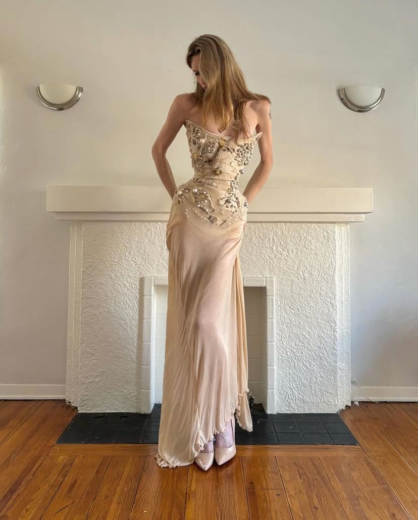 Vintage Nude Apricot Mermaid Waist-Cinching Beaded Chiffon Long Prom Dress Evening Dress cc5125