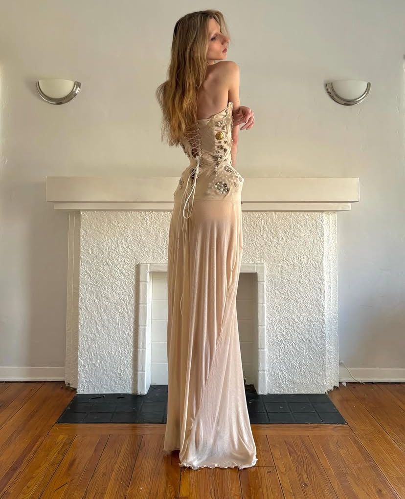 Vintage Nude Apricot Mermaid Waist-Cinching Beaded Chiffon Long Prom Dress Evening Dress cc5125