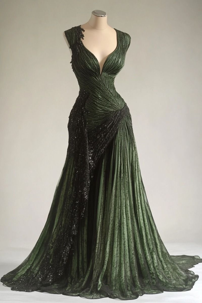 Vintage Green A-line Deep V-Neck Pleated Tulle Long Prom Dress Evening Dress cc5126