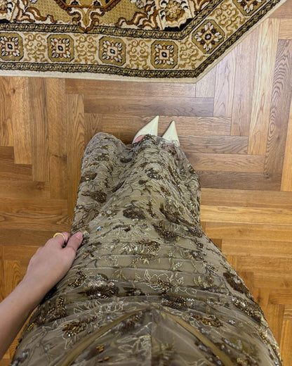 Vintage Olive Gold-Brown Mermaid Spaghetti Strap Sequined Embroidered Long Prom Dress Evening Dress cc5128
