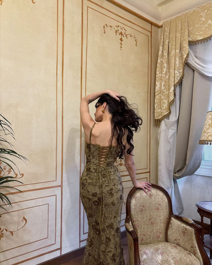 Vintage Olive Gold-Brown Mermaid Spaghetti Strap Sequined Embroidered Long Prom Dress Evening Dress cc5128