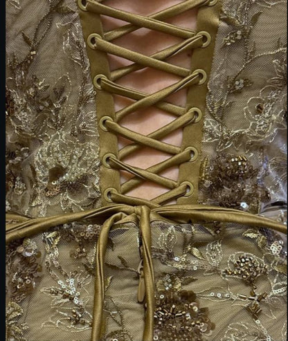 Vintage Olive Gold-Brown Mermaid Spaghetti Strap Sequined Embroidered Long Prom Dress Evening Dress cc5128