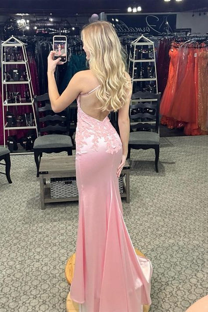 Elegant Pink Mermaid V-neck Halter Neck Lace Satin Long Prom Dress Evening Dress Bridesmaid Dress cc5131
