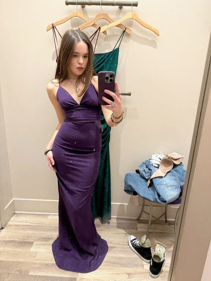 Sexy Deep Purple Mermaid Deep V Spaghetti Strap Glitter Long Prom Dress Evening Dress cc5133