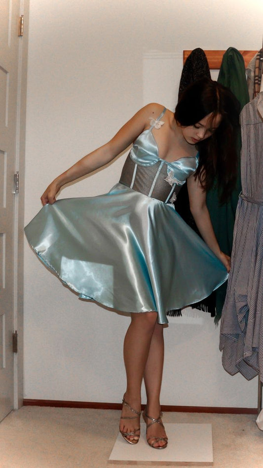 Elegant Light Bue Waist Satin A-line Birthday Party Homecoming Dress cc4435
