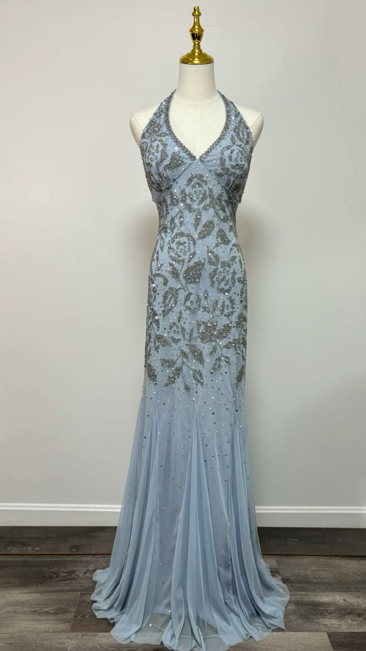 Elegant Light Misty Blue Mermaid Halter Neck Deep V-neck Beaded Chiffon Long Prom Dress Evening Dress cc5138