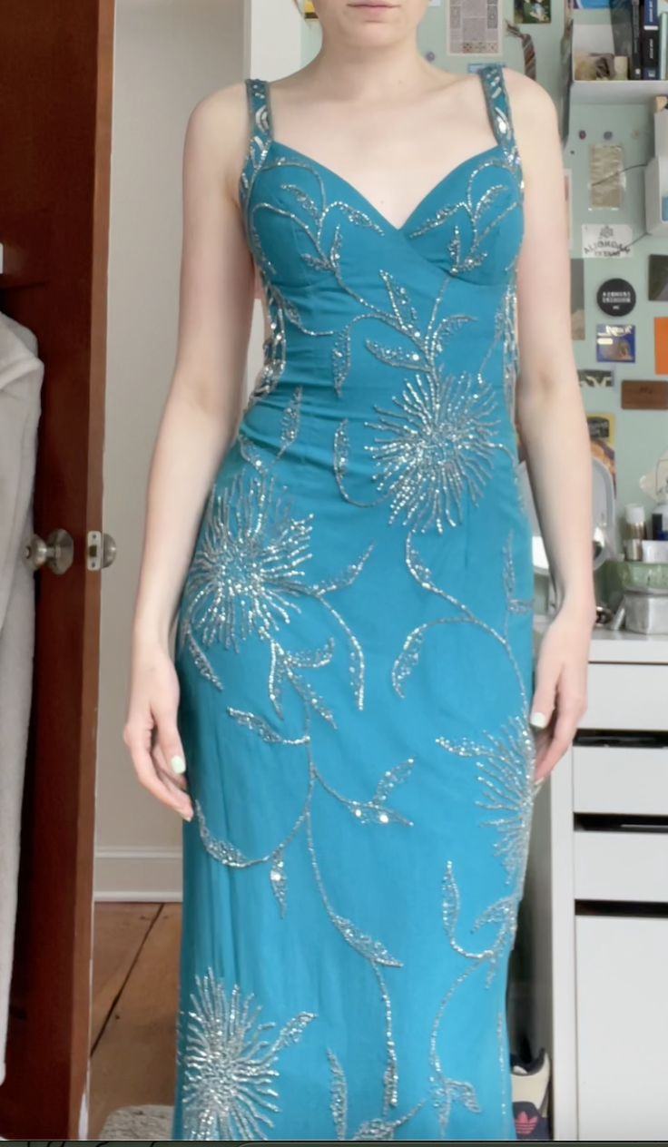 Vintage Peacock Blue Mermaid Deep V Silver Shimmering Floral Long Prom Dress Evening Dress cc5139