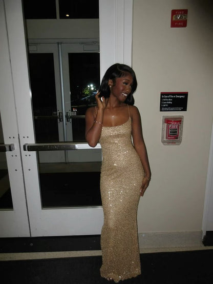 Sparkling Champagne Gold Mermaid Spaghetti Strap Sequined Long Prom Dress Evening Dress cc5141