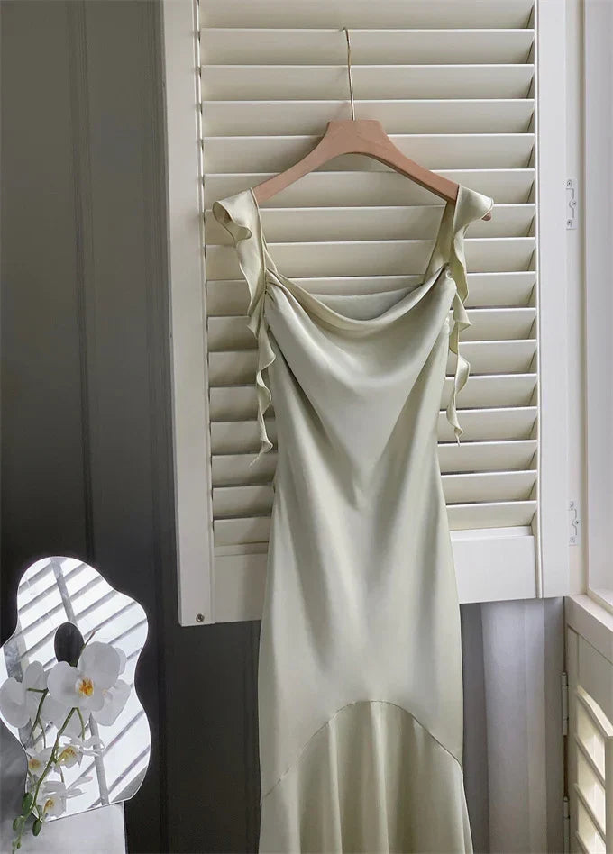 Vintage Sage Green Ruffle Mermaid Satin Long Prom Dress Party Dress Evening Dress HZ1024