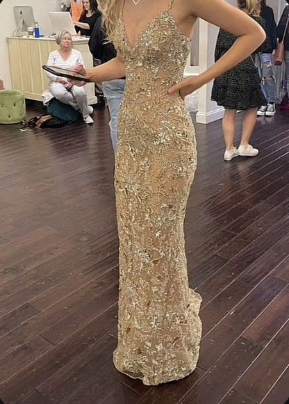 Luxurious Champagne Gold Mermaid V-neck Spaghetti Strap Sequined Embroidered Long Prom Dress Evening Dress cc5153