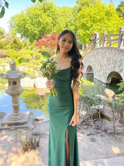Elegant Green Mermaid Spaghetti Strap Slit Satin Long Prom Dress Evening Dress Bridesmaid Dress cc5156