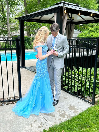 Princess Sky Blue Mermaid Off-Shoulder Embroidered Tulle Train Prom Dress Evening Dress cc5159