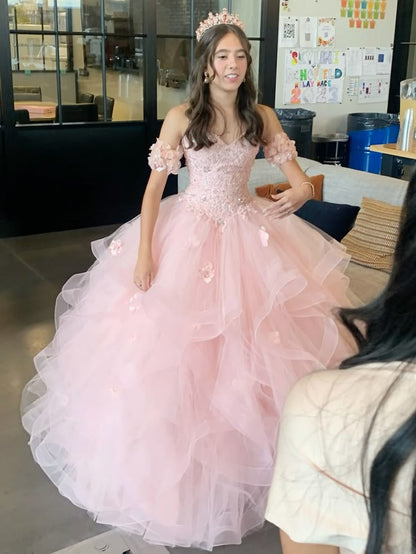 Sweet Princess Light Pink Heart-shaped Neckline 3D Flower Tulle Long Ball Gown Evening Dress Birthday Dress cc4746
