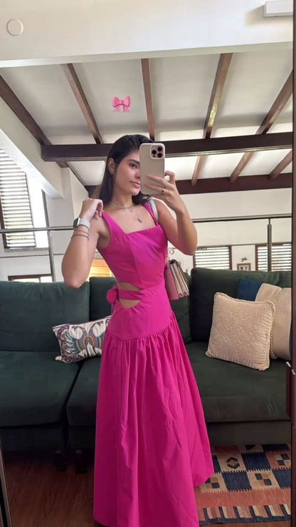 Vibrant Hot Pink A-Line Strap Square Neck Cutout Long Prom Dress Evening Dress cc5188