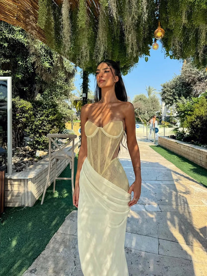 Gorgeous Pale Yellow Mermaid Sweetheart Neck Sheer Tulle Satin Long Prom Dress Evening Dress cc5201