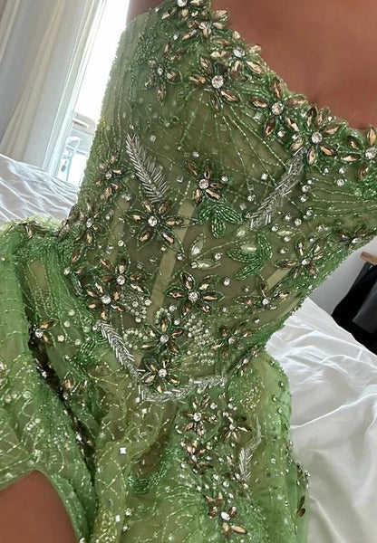 Gorgeous Green A-Line Spaghetti Strap Square Neck High-Slit Beaded Tulle Long Prom Dress Evening Dress cc5202