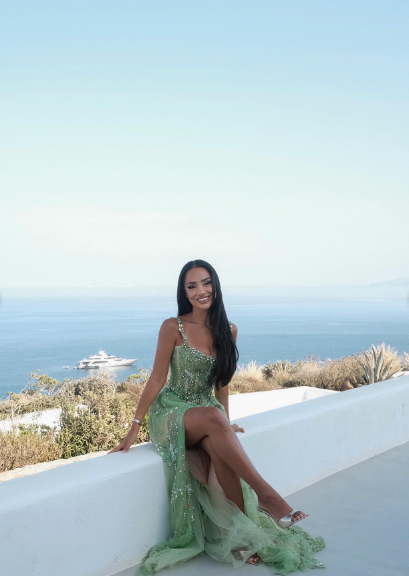 Gorgeous Green A-Line Spaghetti Strap Square Neck High-Slit Beaded Tulle Long Prom Dress Evening Dress cc5202