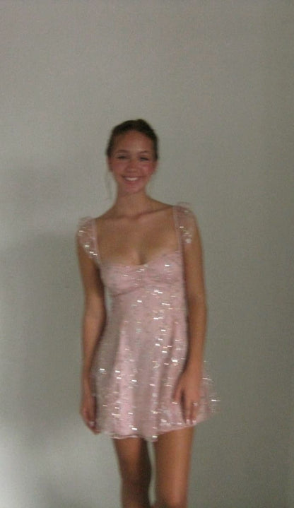 Sweet Pink Square Neck Sequined Back Tie Tulle A-line Birthday Party Homecoming Dress cc4510