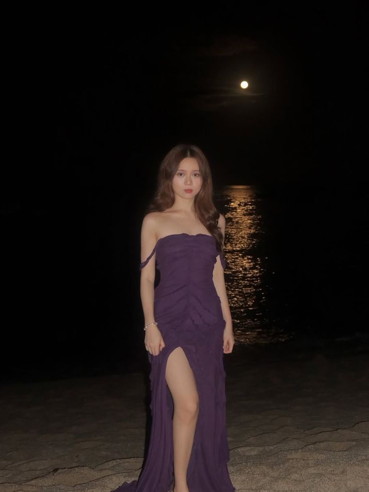 Elegant Deep Purple Slim-Fit Off-the-Shoulder High-Slit Ruched Texture Chiffon Long Prom Dress Evening Dress cc5212