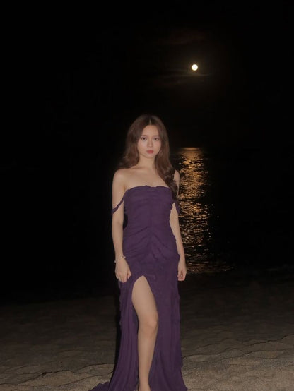 Elegant Deep Purple Slim-Fit Off-the-Shoulder High-Slit Ruched Texture Chiffon Long Prom Dress Evening Dress cc5212