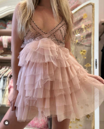 Gorgeous Pink V-neck Diamond Multi-layer Mesh Ruffle A-line Birthday Party Homecoming Dress cc4513