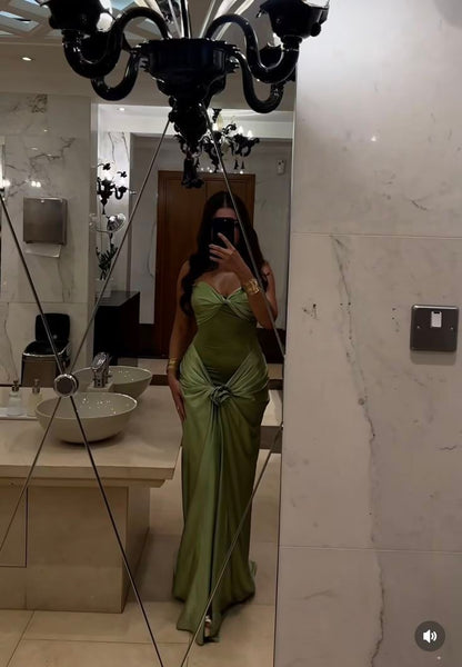 Sexy Olive Green Mermaid Sweetheart Neck Knot Satin Long Prom Dress Evening Dress cc5213