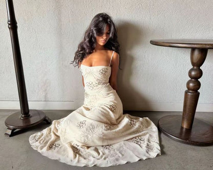 Elegant Ivory Slim-Fit Spaghetti Strap Floral Tulle Long Prom Dress Evening Dress cc5217