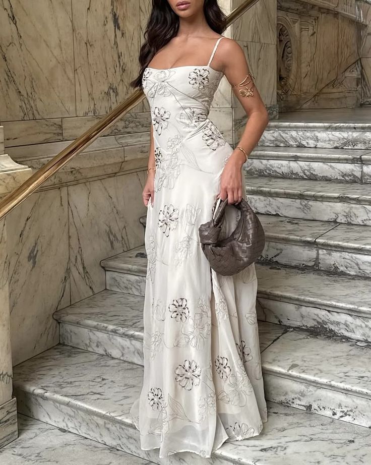 Elegant Ivory Slim-Fit Spaghetti Strap Floral Tulle Long Prom Dress Evening Dress cc5217