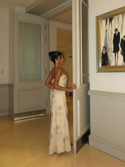 Elegant Ivory Slim-Fit Spaghetti Strap Floral Tulle Long Prom Dress Evening Dress cc5217