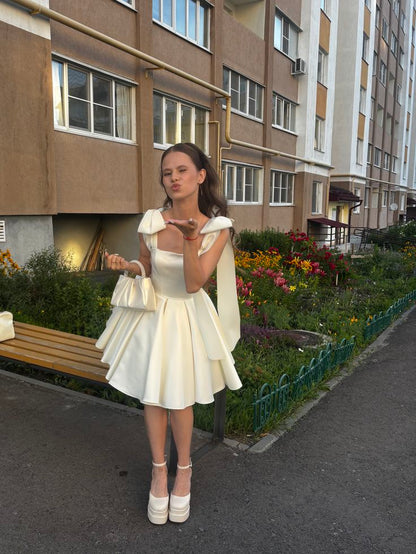 Elegant White Bow Strap Satin A-line Birthday Party Homecoming Dress cc4518