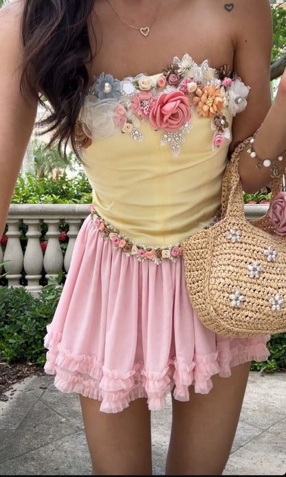 Sweet Yellow And Pink Color Matching Tube Top Three-dimensional Flower Chiffon 16th Birthday Homecoming Dress cc4052