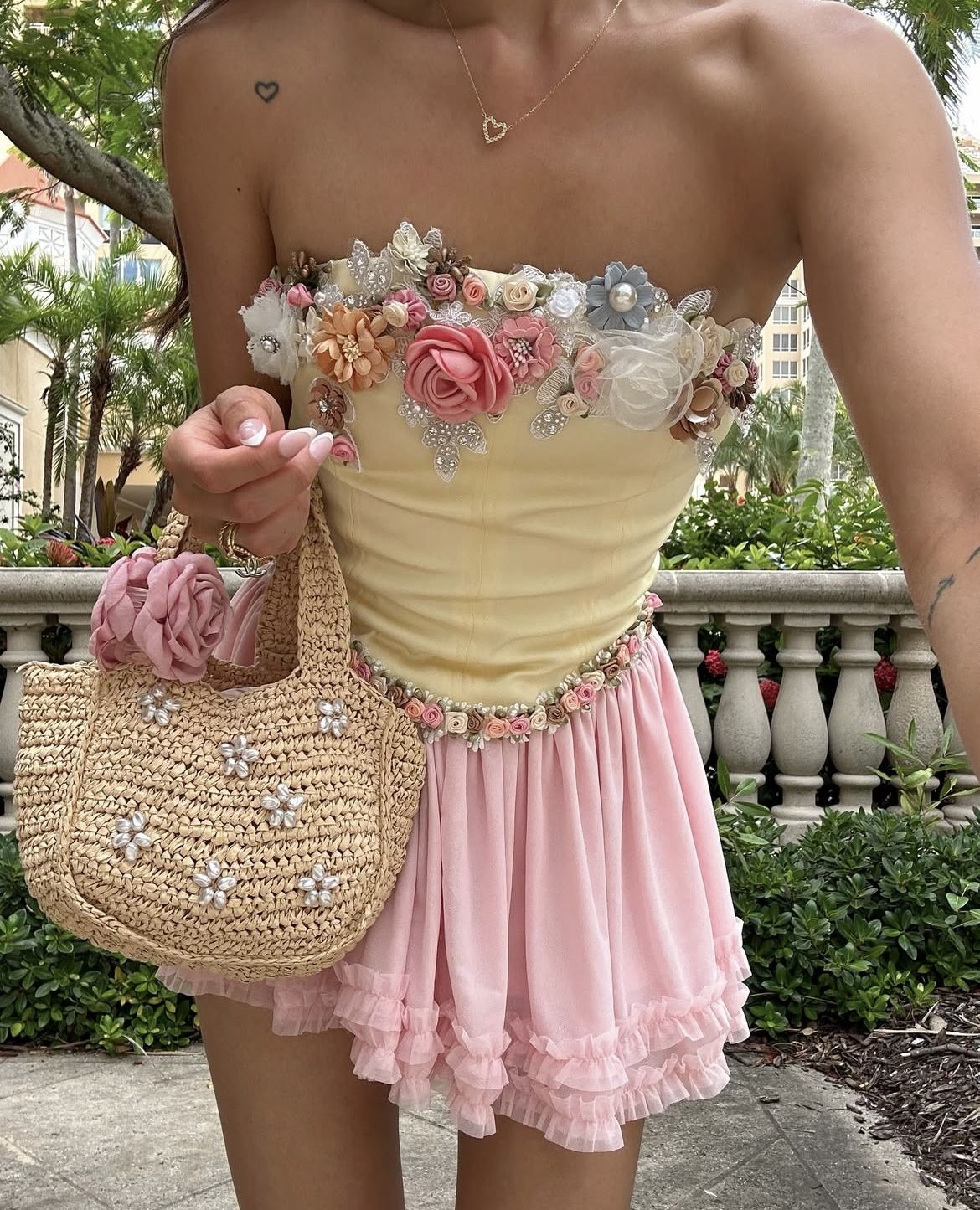 Sweet Yellow And Pink Color Matching Tube Top Three-dimensional Flower Chiffon 16th Birthday Homecoming Dress cc4052