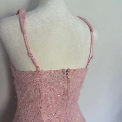 Sweet Pink Square Neck Lace Pattern Sequins Slim Fit 16th Birthday Homecoming Dress cc4522