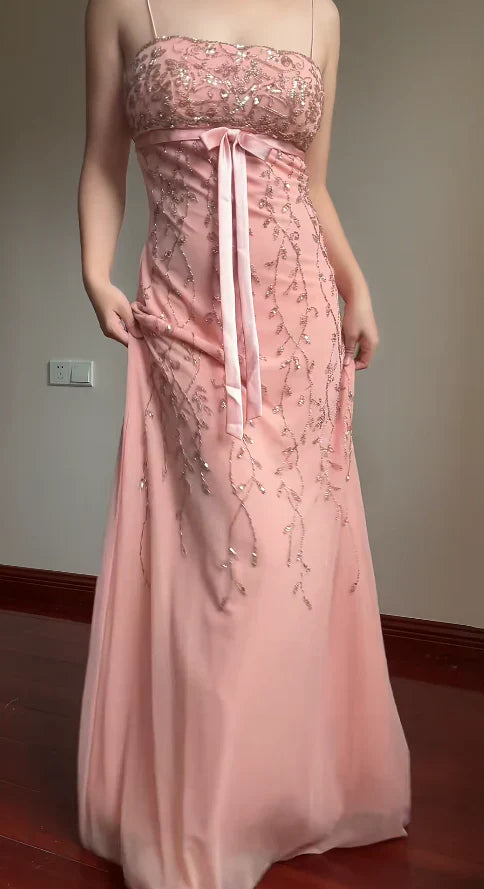 Elegant Pink Slim-Fit Spaghetti Strap Beaded Embroidery Leaf Bow Chiffon Long Prom Dress Evening Dress cc5223