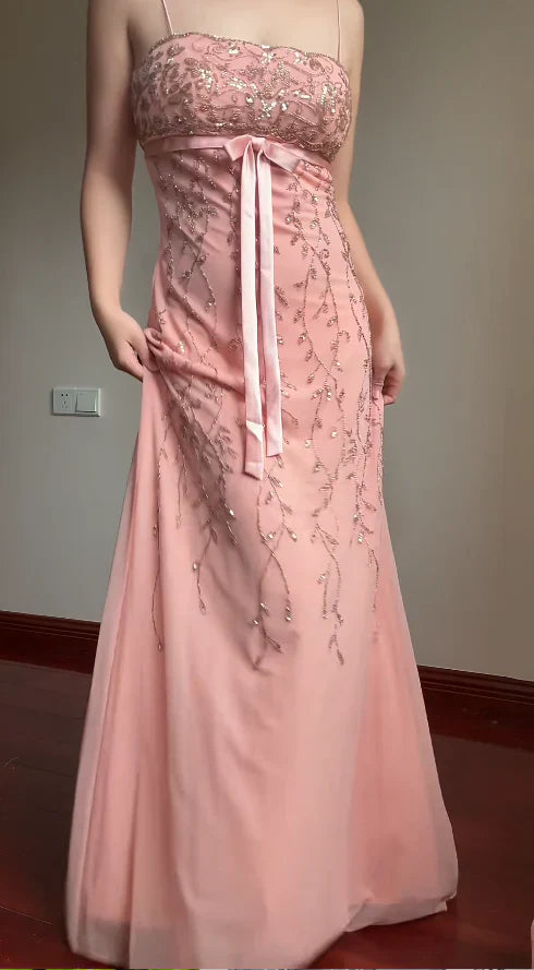 Elegant Pink Slim-Fit Spaghetti Strap Beaded Embroidery Leaf Bow Chiffon Long Prom Dress Evening Dress cc5223
