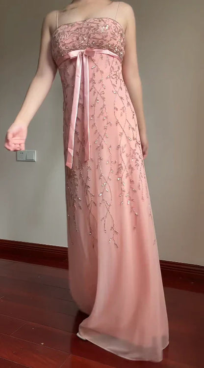 Elegant Pink Slim-Fit Spaghetti Strap Beaded Embroidery Leaf Bow Chiffon Long Prom Dress Evening Dress cc5223