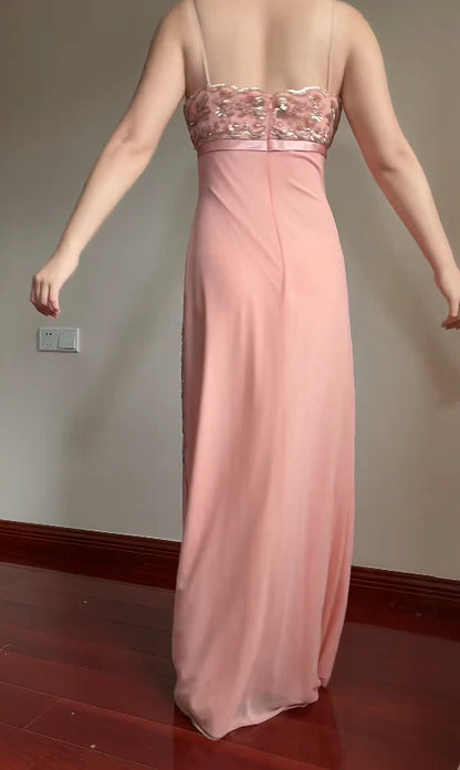 Elegant Pink Slim-Fit Spaghetti Strap Beaded Embroidery Leaf Bow Chiffon Long Prom Dress Evening Dress cc5223