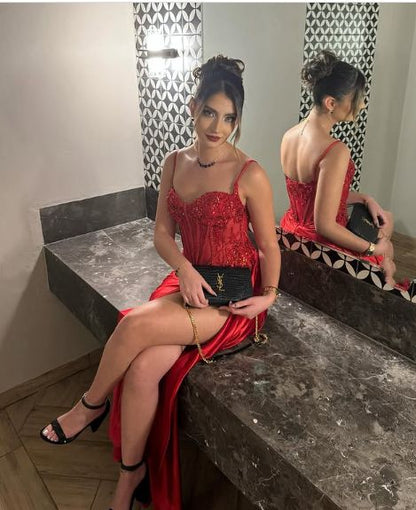 Sexy Luxury Red Mermaid High-Slit Sequin Satin Long Prom Dress Evening Dress cc5224