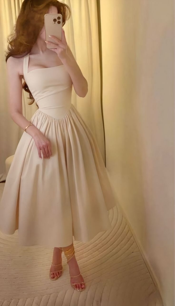 Elegant Creamy Apricot A-Line Halter Neck Satin Prom Dress Evening Dress cc5233