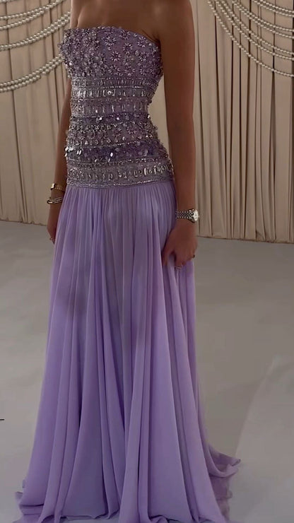 Gorgeous Lavender A-Line Strapless Beaded Chiffon Long Prom Dress Evening Dress cc5236