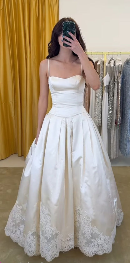 Elegant Ivory A-Line Spaghetti Strap Lace Hem Satin Wedding Dress cc5242