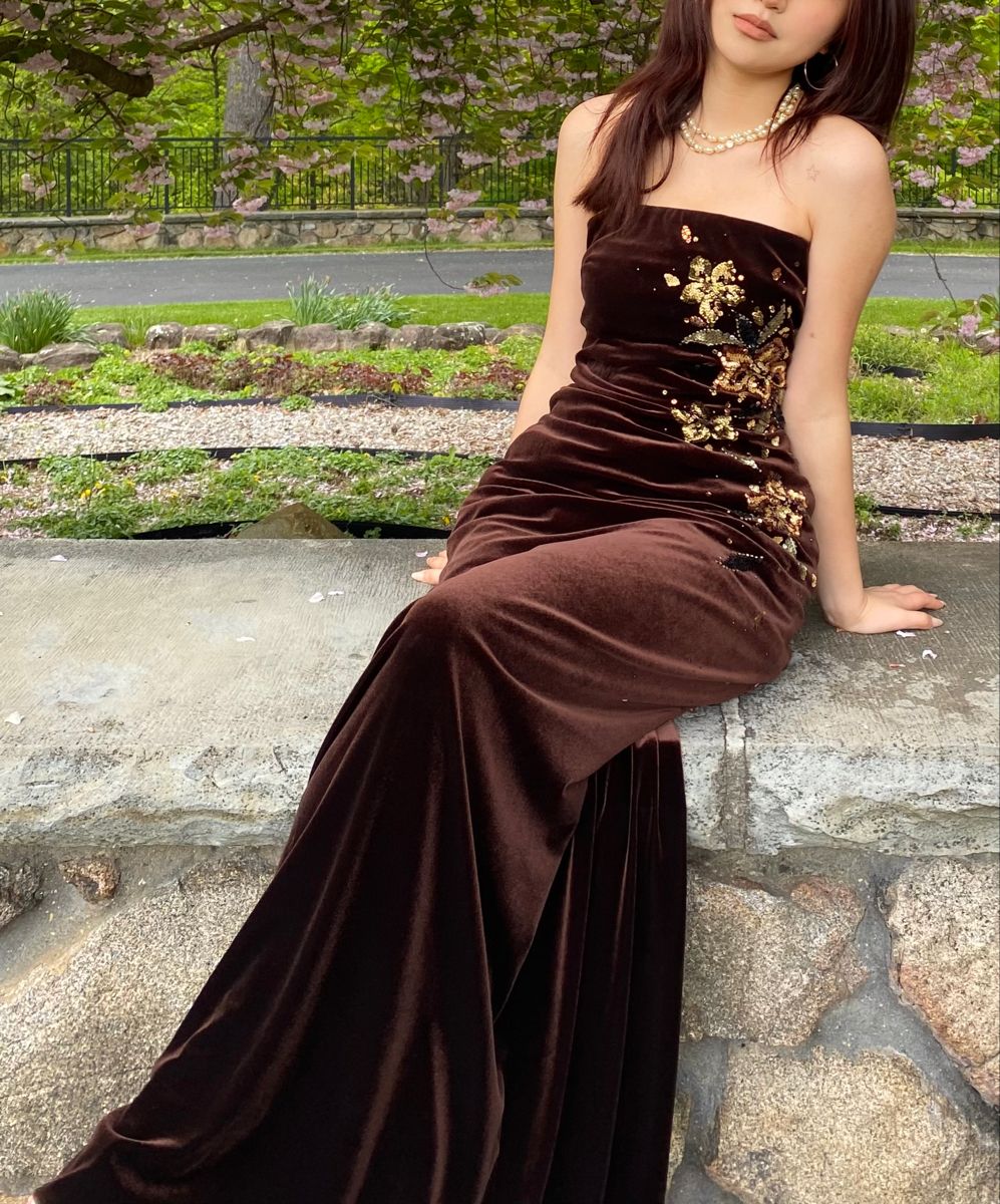 Vintage Dark Brown Slim-Fit Strapless Embroidered Velvet Long Prom Dress Evening Dress cc5247
