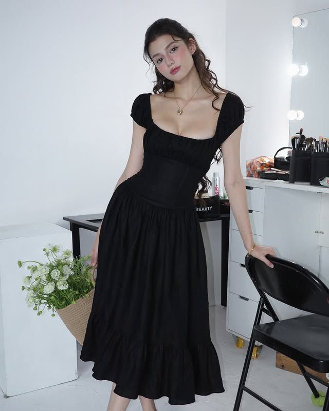 Vintage Elegant Black A-Line Square Neck Linen Cotton Prom Dress Evening Dress cc5252