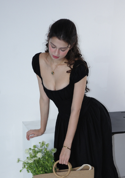 Vintage Elegant Black A-Line Square Neck Linen Cotton Prom Dress Evening Dress cc5252